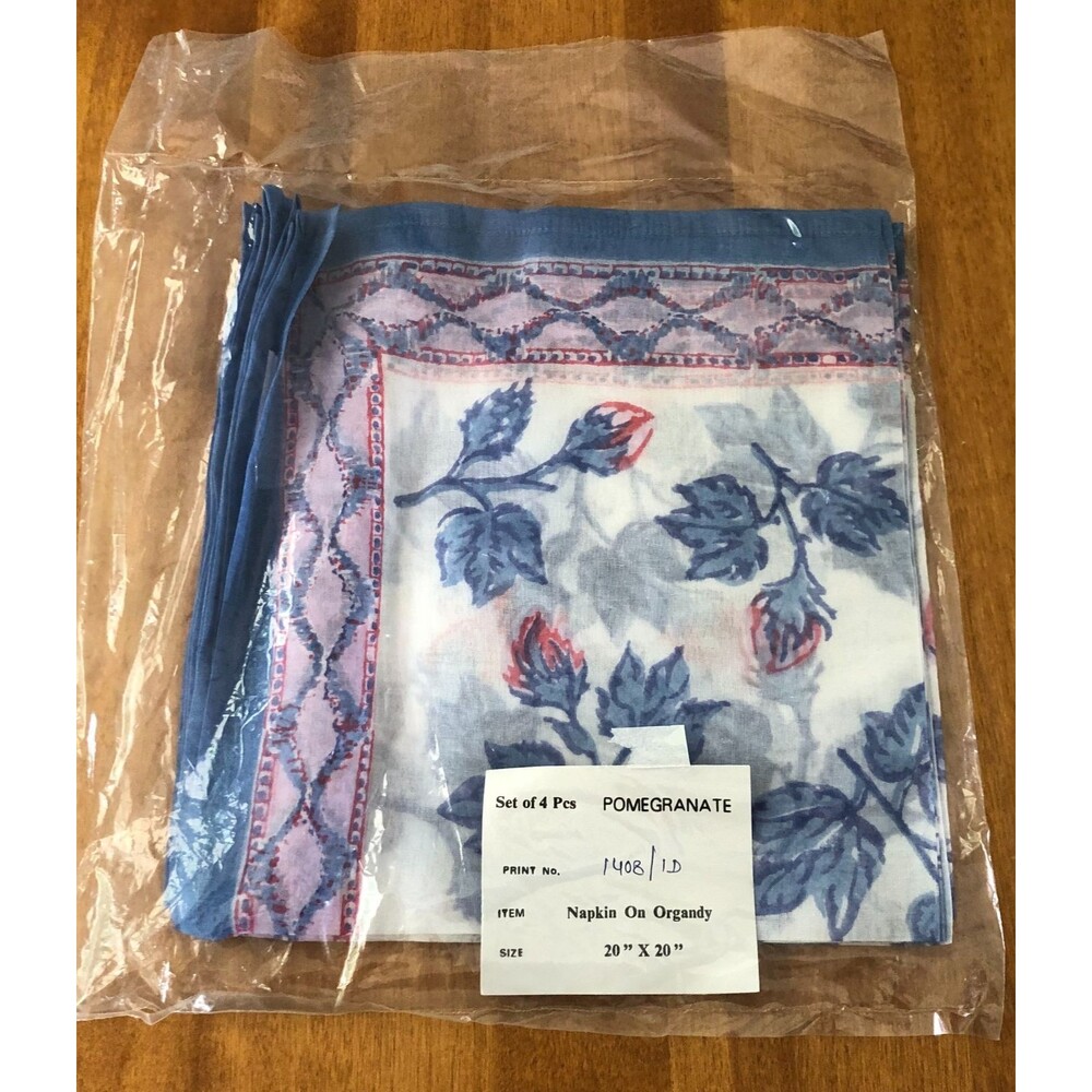 Pomegranate Napkins Set of 4 On Organdy Blue Pink Red 20x20" Cotton India NEW